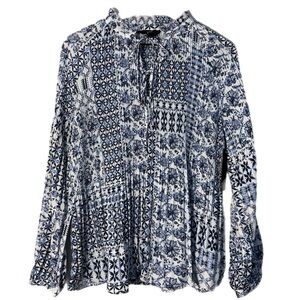GNW Pleated Blouse Blue White print Long Sleeve Bohemian M.